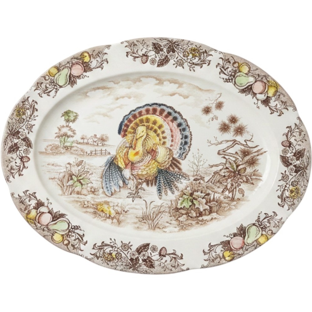 Vintage Japan Ceramic Turkey Serving Platter Oval Thanksgiving Fruit Border 16"